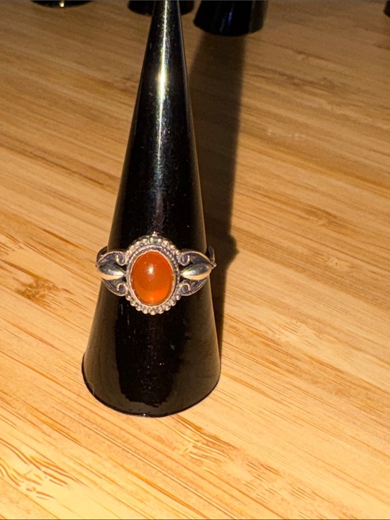 Handmade Jewelry - Silver-Plated Orange Carnelian Oval Ring Sz 7 - Women's Fashion